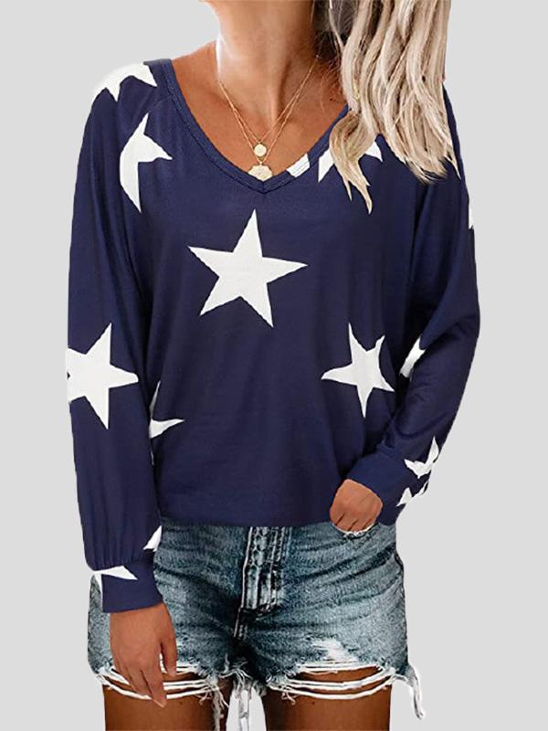 T-Shirts Five-Pointed Star Print V-Neck Long Sleeve T-Shirt - LuckyFash™