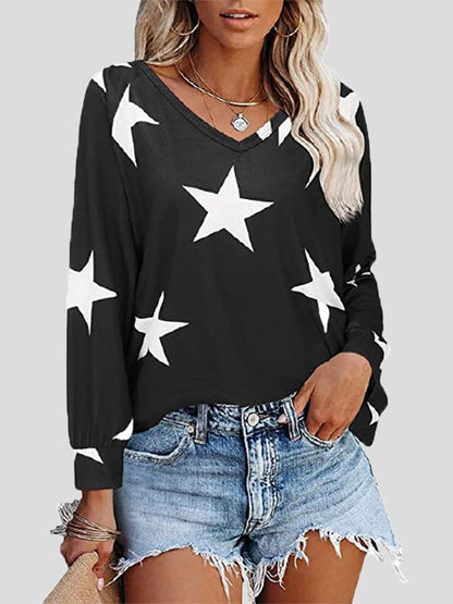 T-Shirts Five-Pointed Star Print V-Neck Long Sleeve T-Shirt - LuckyFash™