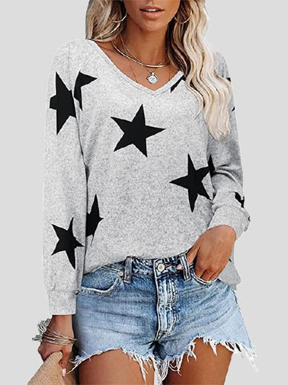 T-Shirts Five-Pointed Star Print V-Neck Long Sleeve T-Shirt - LuckyFash™