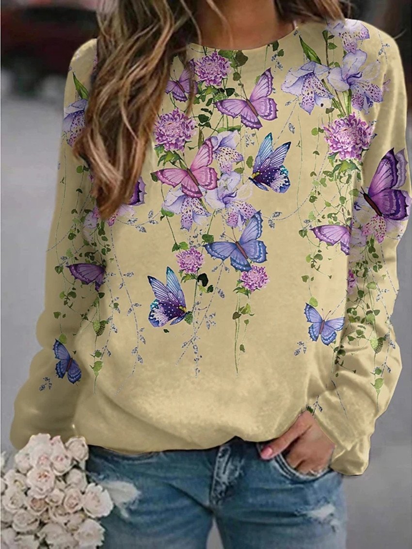 T-Shirts Floral Butterfly Print Round Neck Long Sleeve T-Shirts - LuckyFash™