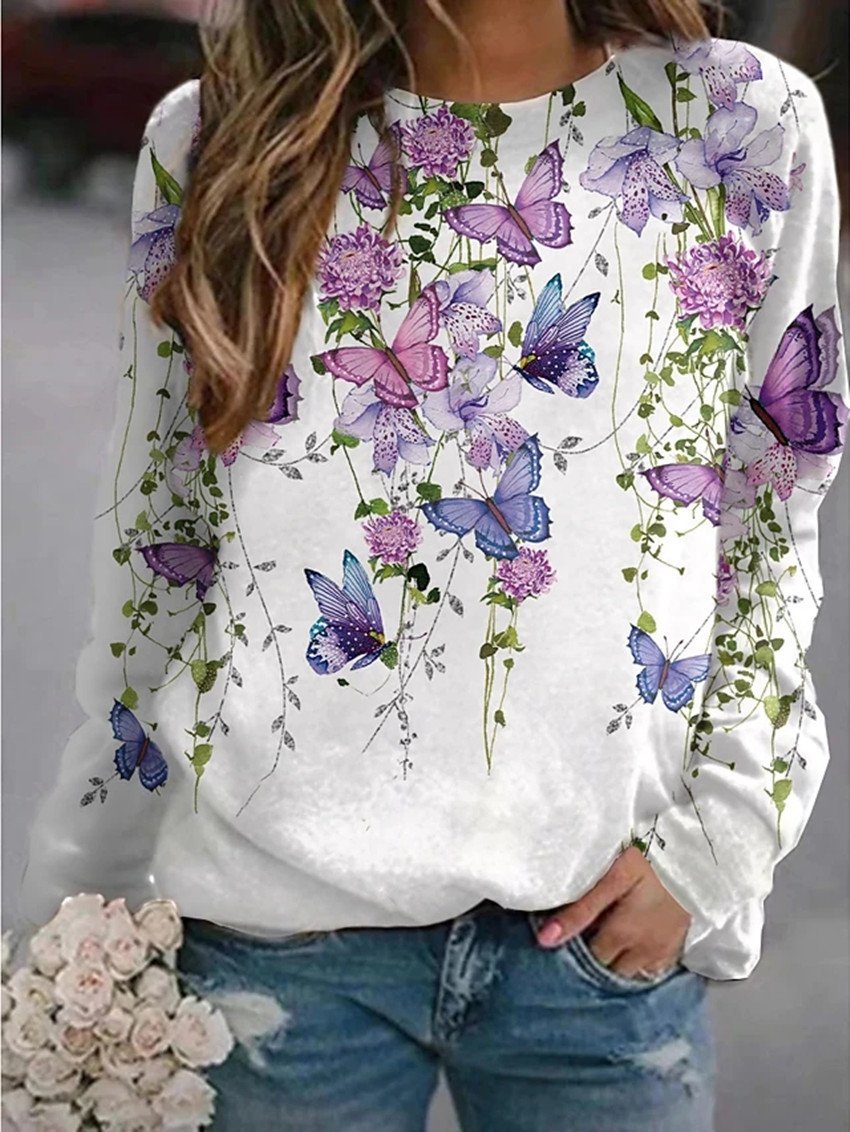 T-Shirts Floral Butterfly Print Round Neck Long Sleeve T-Shirts - LuckyFash™