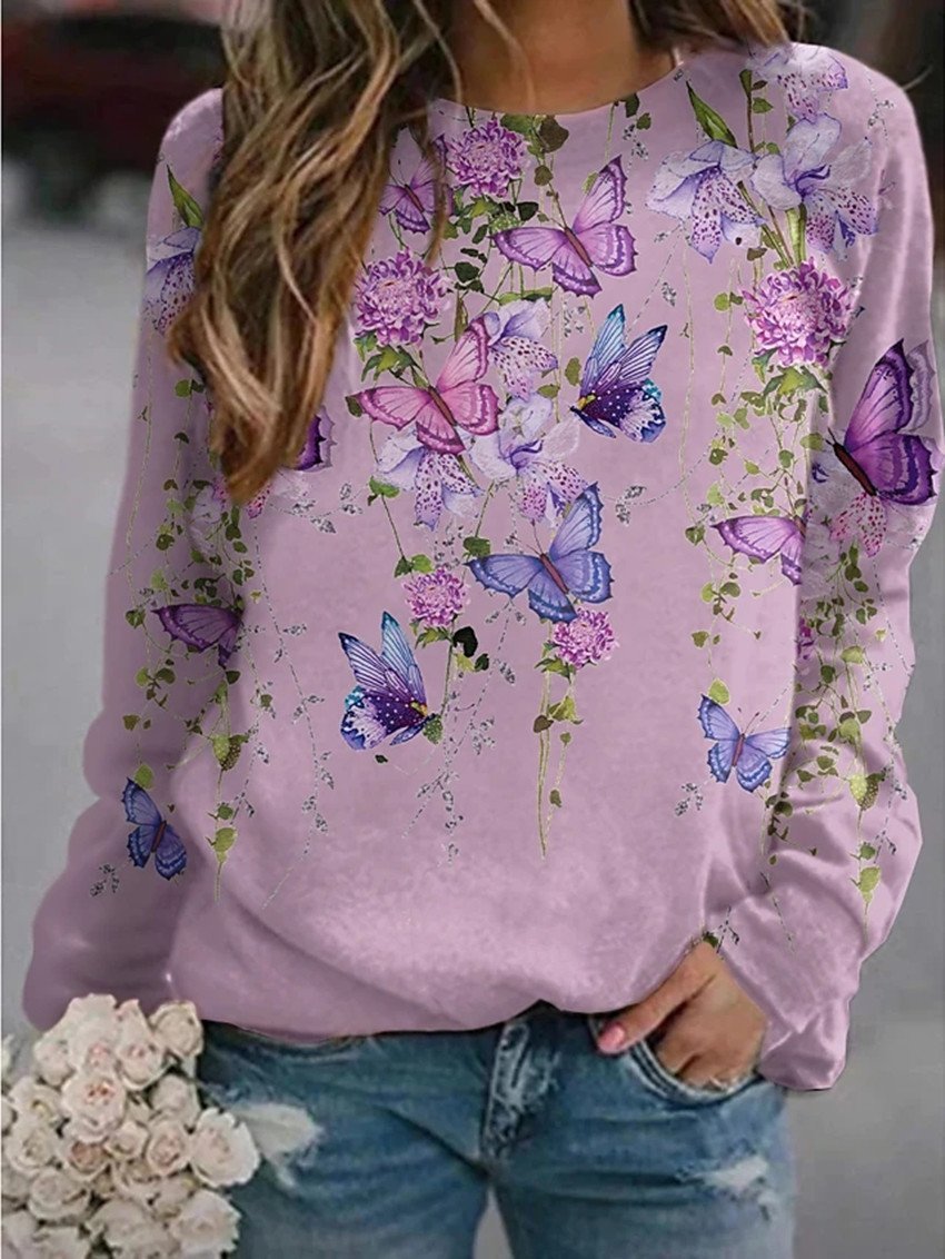 T-Shirts Floral Butterfly Print Round Neck Long Sleeve T-Shirts - LuckyFash™