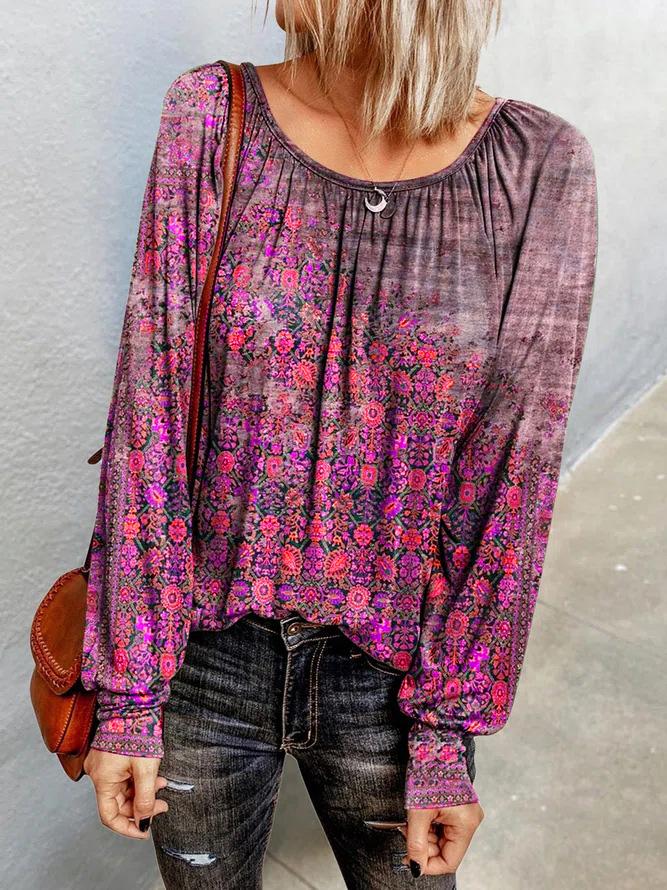 Women's T-Shirts Floral Long Sleeve Round Neck T-Shirt - LuckyFash™