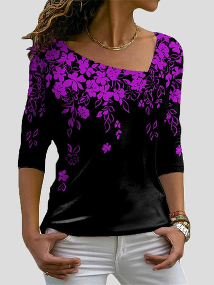 T-Shirts Floral Print Big V-Neck Long Sleeve T-Shirts - LuckyFash™