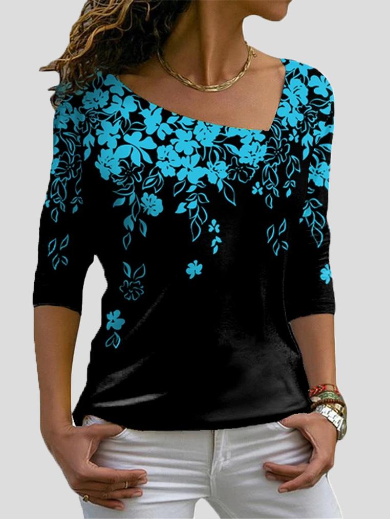 T-Shirts Floral Print Big V-Neck Long Sleeve T-Shirts - LuckyFash™