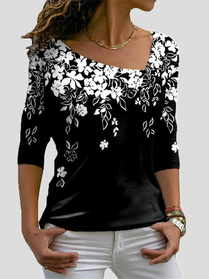 T-Shirts Floral Print Big V-Neck Long Sleeve T-Shirts - LuckyFash™