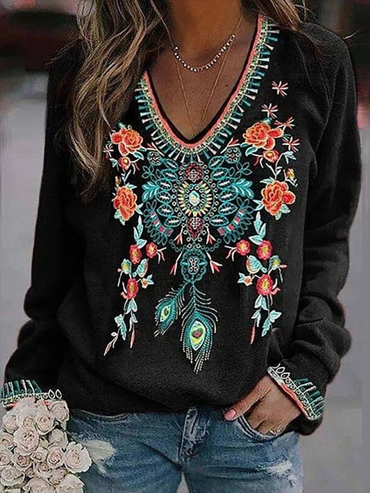 T-Shirts Floral Print V-Neck Long Sleeve T-Shirt - LuckyFash™