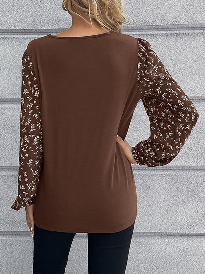 T-Shirts Floral Stitching Round Neck Long Sleeve T-Shirt - LuckyFash™