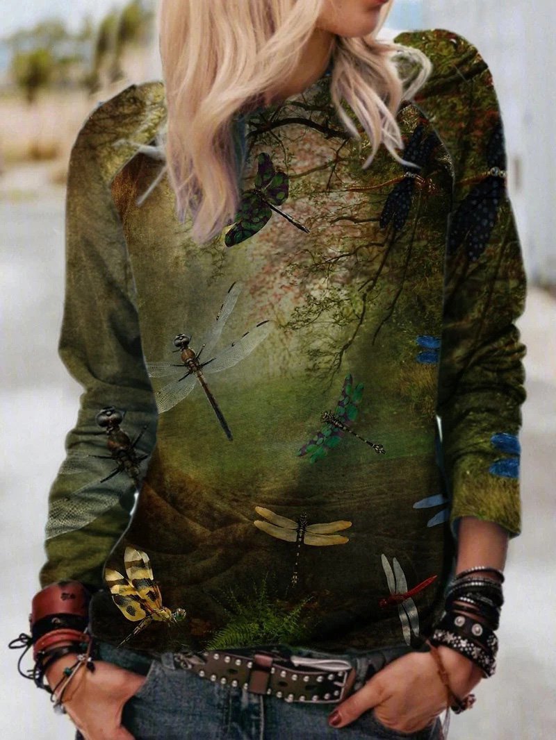 Women's T-Shirts Forest Dragonfly Print Round Neck Long Sleeve T-Shirt - LuckyFash™