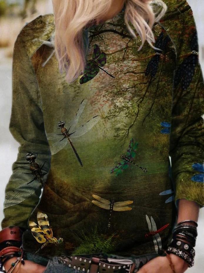 Women's T-Shirts Forest Dragonfly Print Round Neck Long Sleeve T-Shirt - LuckyFash™