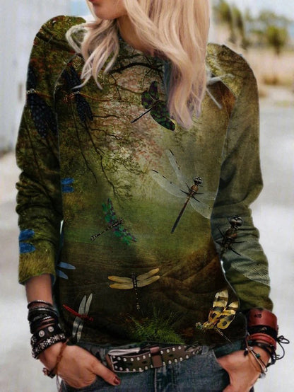 Women's T-Shirts Forest Dragonfly Print Round Neck Long Sleeve T-Shirt - LuckyFash™