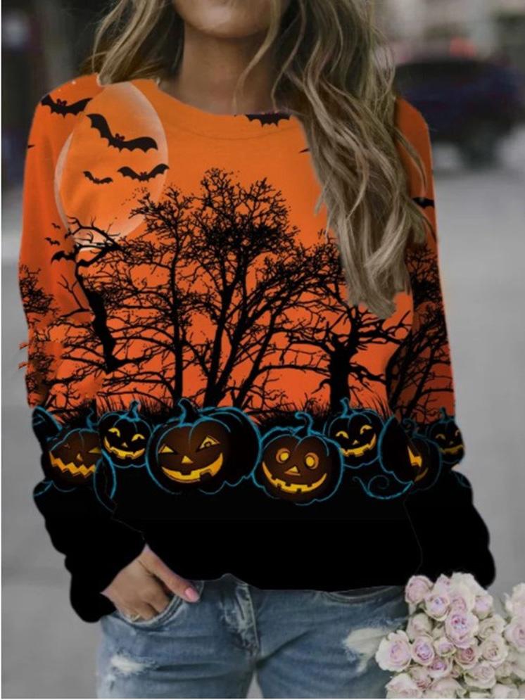 T-Shirts Forest Pumpkin Print Round Neck Long Sleeve T-Shirt - LuckyFash™