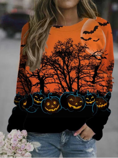 T-Shirts Forest Pumpkin Print Round Neck Long Sleeve T-Shirt - LuckyFash™