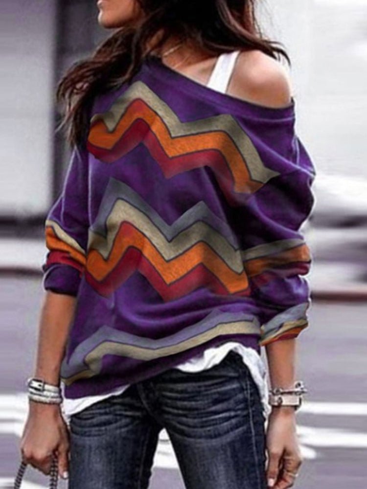 Blouses Geometric Print Off Shoulder Casual Long Sleeve  Blouse - LuckyFash™