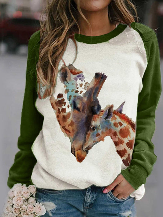 T-Shirts Giraffe Print Round Neck Long Sleeve T-Shirt - LuckyFash™