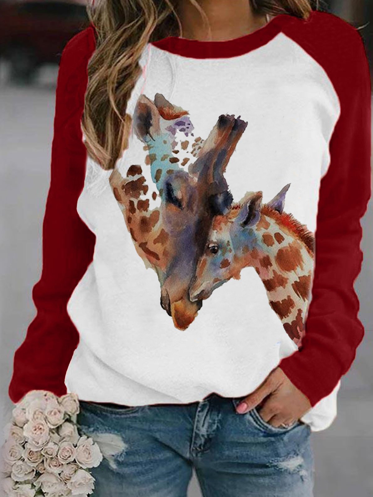 T-Shirts Giraffe Print Round Neck Long Sleeve T-Shirt - LuckyFash™