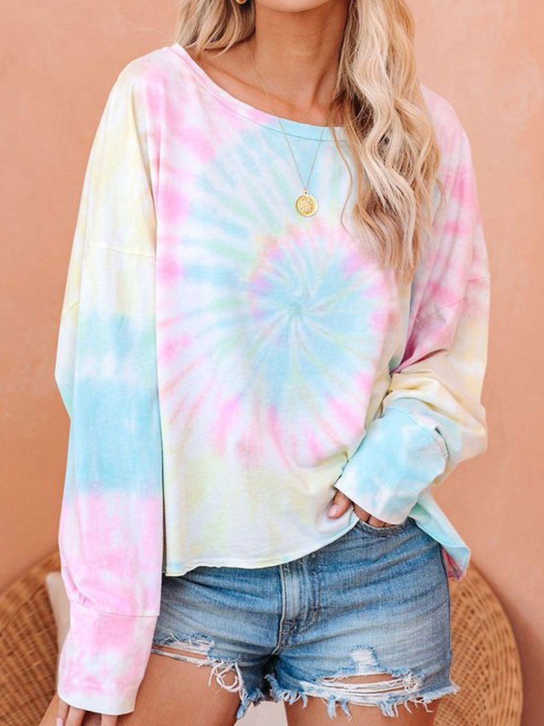 T-Shirts Gradient Tie-Dye Long Sleeve Pullover Loose T-Shirts - LuckyFash™