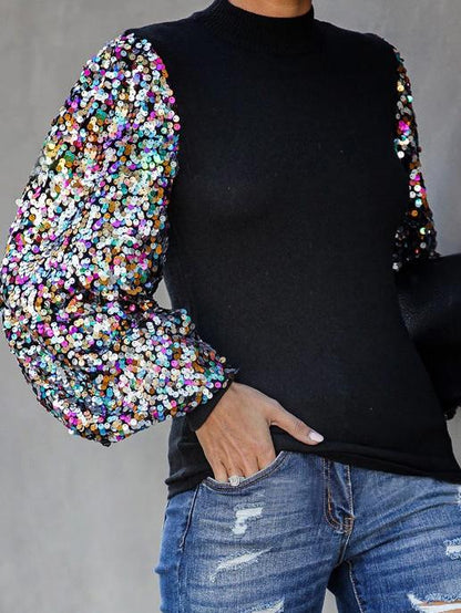 Women's T-Shirts Half High Collar Sequin Stitching Lantern Long Sleeve T-Shirts - LuckyFash™
