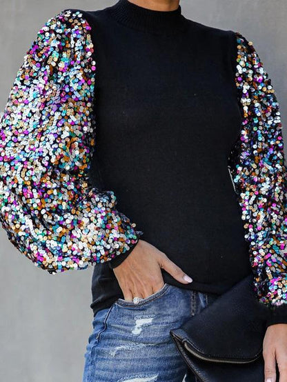 Women's T-Shirts Half High Collar Sequin Stitching Lantern Long Sleeve T-Shirts - LuckyFash™