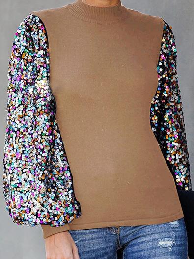 Women's T-Shirts Half High Collar Sequin Stitching Lantern Long Sleeve T-Shirts - LuckyFash™