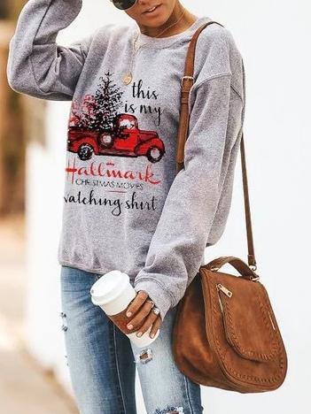 T-Shirts Hallmark Print Round Neck Long Sleeve T-Shirt - LuckyFash™