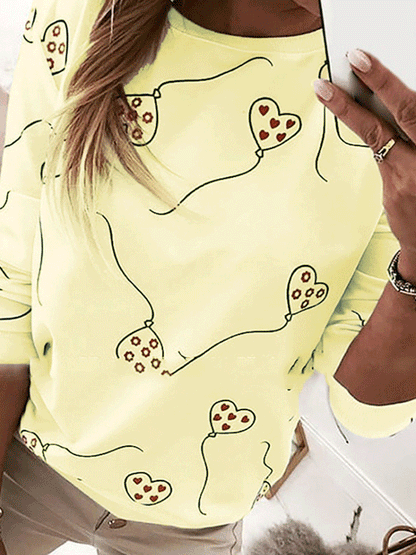 Women's T-Shirts Heart Balloon Round Neck Print Long Sleeve T-Shirt - LuckyFash™