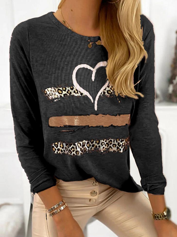 Women's T-Shirts Heart-Shaped Corrugated Long Sleeve Printed Round Neck T-Shirt - LuckyFash™