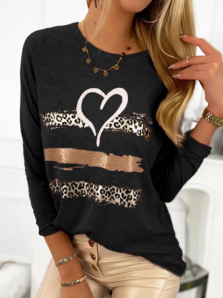 Women's T-Shirts Heart-Shaped Corrugated Long Sleeve Printed Round Neck T-Shirt - LuckyFash™