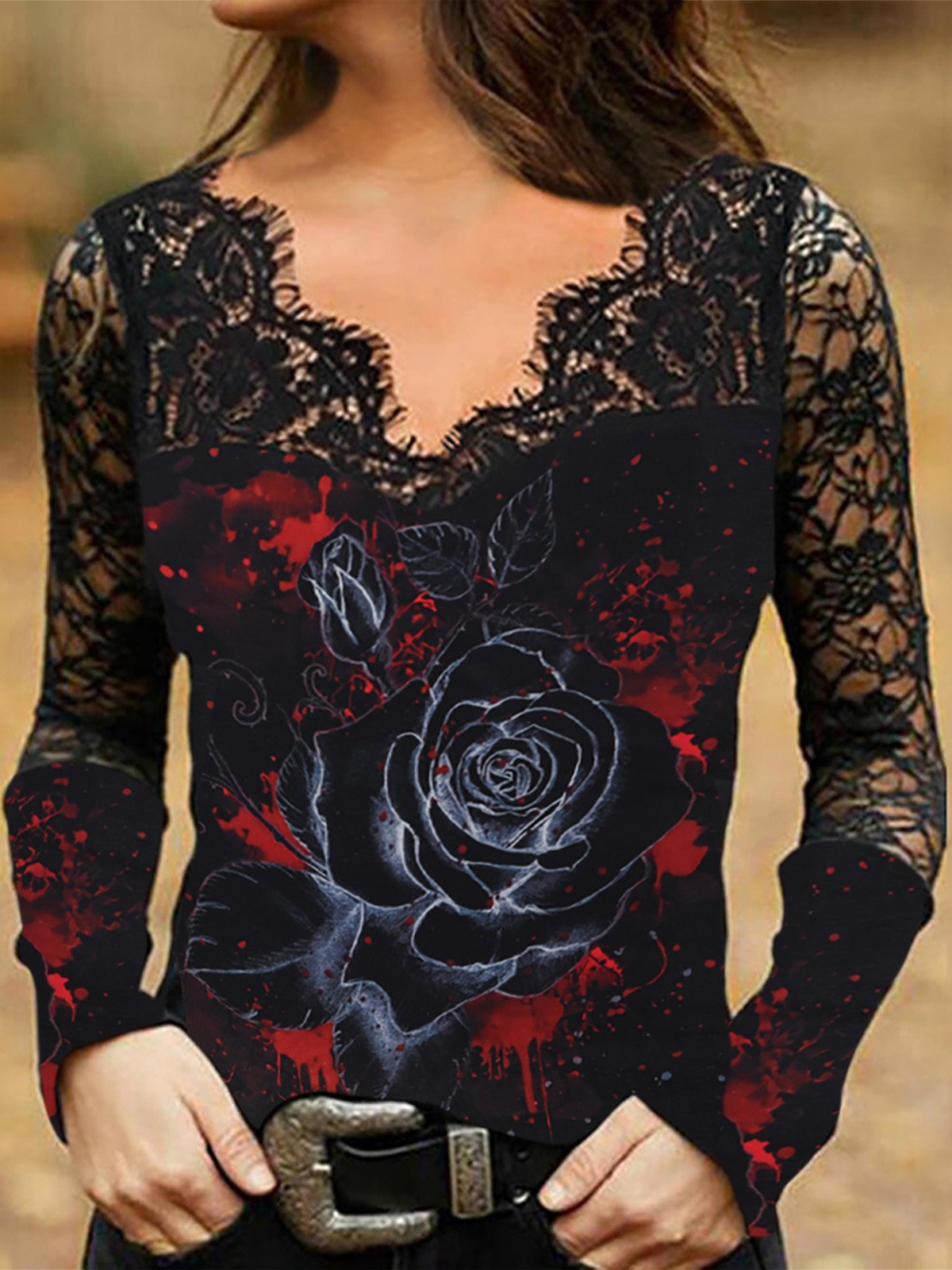 T-Shirts Hollow Lace Skull V-Neck Long Sleeve T-Shirt - LuckyFash™