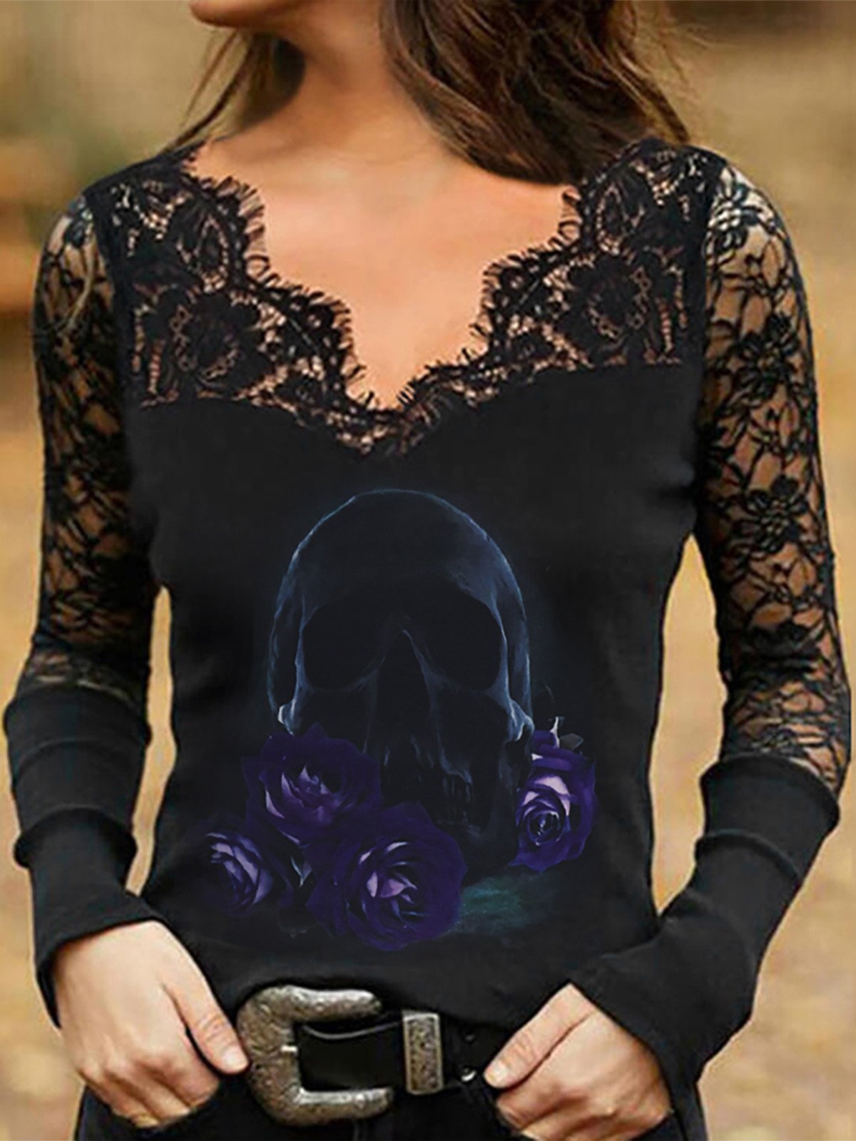 T-Shirts Hollow Lace Skull V-Neck Long Sleeve T-Shirt - LuckyFash™