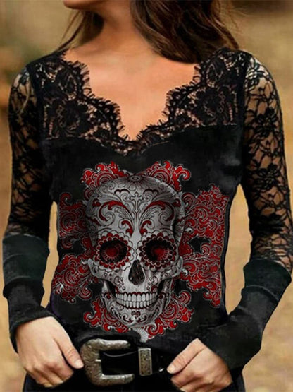 T-Shirts Hollow Lace Skull V-Neck Long Sleeve T-Shirt - LuckyFash™