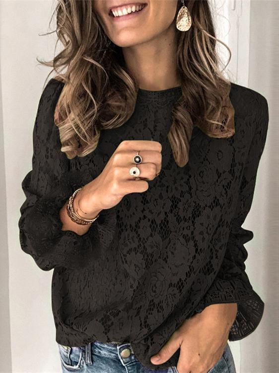 Women's T-Shirts Horn Long Sleeve Hollow Lace T-Shirt - LuckyFash™