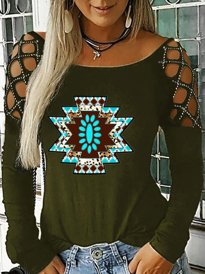 T-Shirts Hot Rhinestone Hollow Retro Print Long Sleeve T-Shirt - LuckyFash™