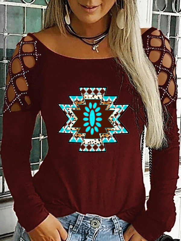 T-Shirts Hot Rhinestone Hollow Retro Print Long Sleeve T-Shirt - LuckyFash™