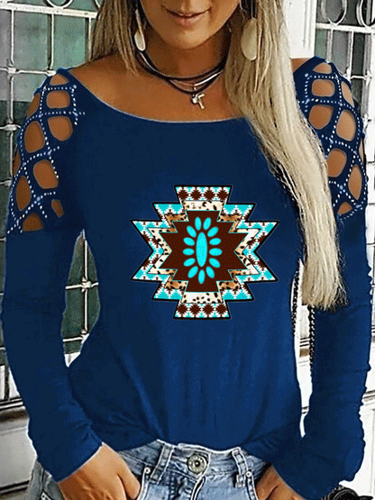 T-Shirts Hot Rhinestone Hollow Retro Print Long Sleeve T-Shirt - LuckyFash™