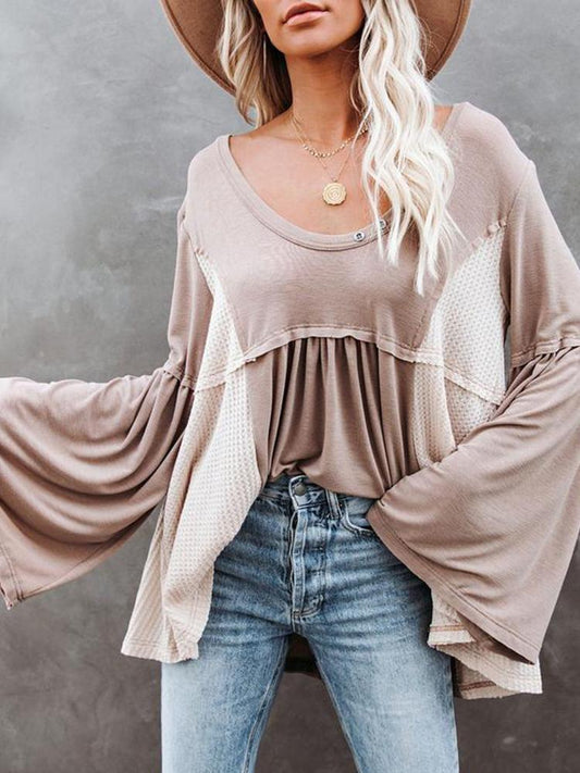 T-Shirts Irregular Contrast Color U Collar Flare Sleeve T-Shirt - LuckyFash™