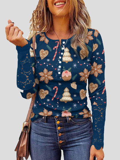 T-Shirts Lace Christmas Print Button Round Neck Long Sleeve T-Shirt - LuckyFash™