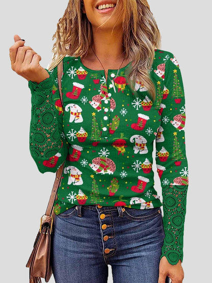 T-Shirts Lace Christmas Print Button Round Neck Long Sleeve T-Shirt - LuckyFash™