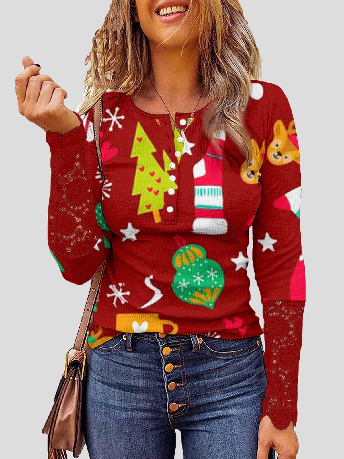 T-Shirts Lace Christmas Print Button Round Neck Long Sleeve T-Shirt - LuckyFash™