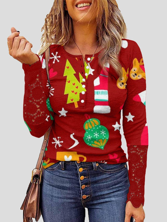 T-Shirts Lace Christmas Print Button Round Neck Long Sleeve T-Shirt - LuckyFash™