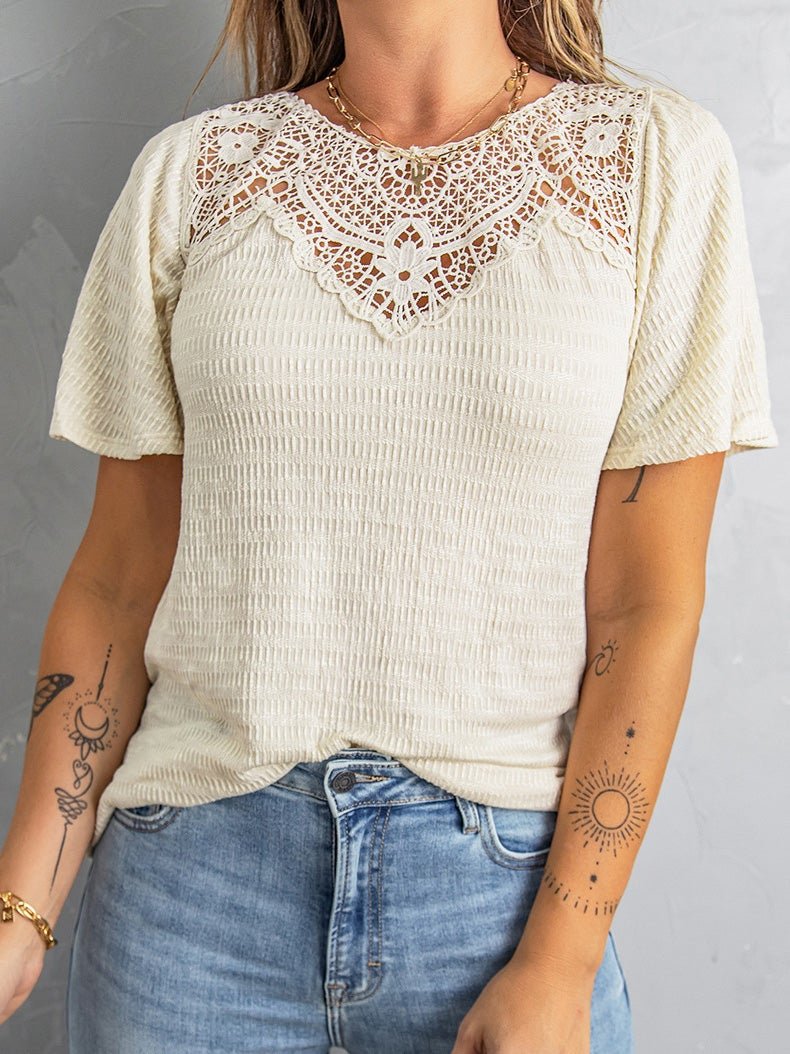 Women's T-Shirts Lace Hollow V-Neck Short Sleeve T-Shirt - LuckyFash™