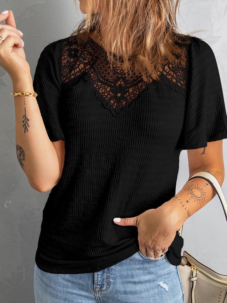 Women's T-Shirts Lace Hollow V-Neck Short Sleeve T-Shirt - LuckyFash™