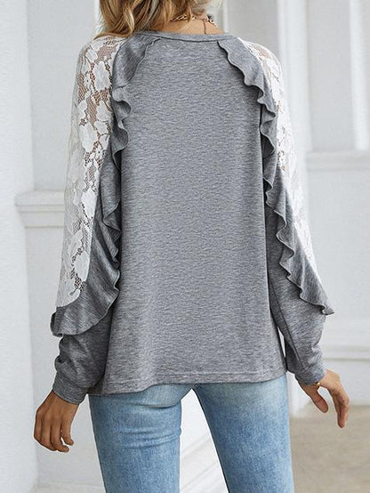 T-Shirts Lace Long sleeve Round Neck Solid Casual T-Shirt - LuckyFash™