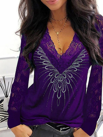 Women's T-Shirts Lace Print V-Neck Long Sleeve T-Shirt - LuckyFash™