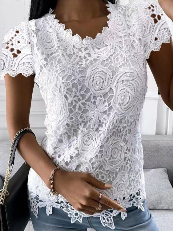 T-Shirts Lace Round Neck Short Sleeve T-Shirt - LuckyFash™