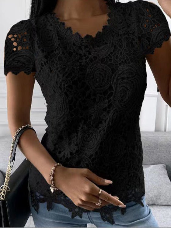 T-Shirts Lace Round Neck Short Sleeve T-Shirt - LuckyFash™