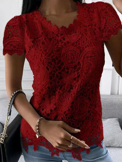 T-Shirts Lace Round Neck Short Sleeve T-Shirt - LuckyFash™