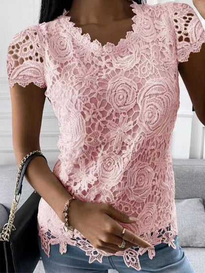 T-Shirts Lace Round Neck Short Sleeve T-Shirt - LuckyFash™