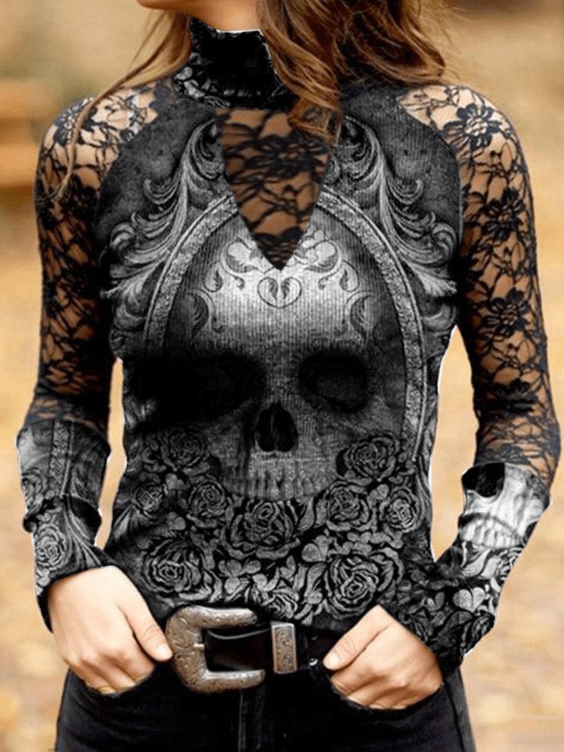 T-Shirts Lace Skull Print Long Sleeve T-Shirt - LuckyFash™