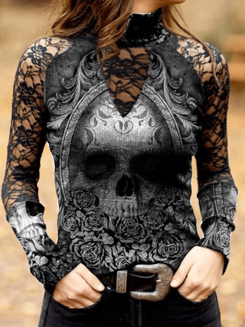 T-Shirts Lace Skull Print Long Sleeve T-Shirt - LuckyFash™